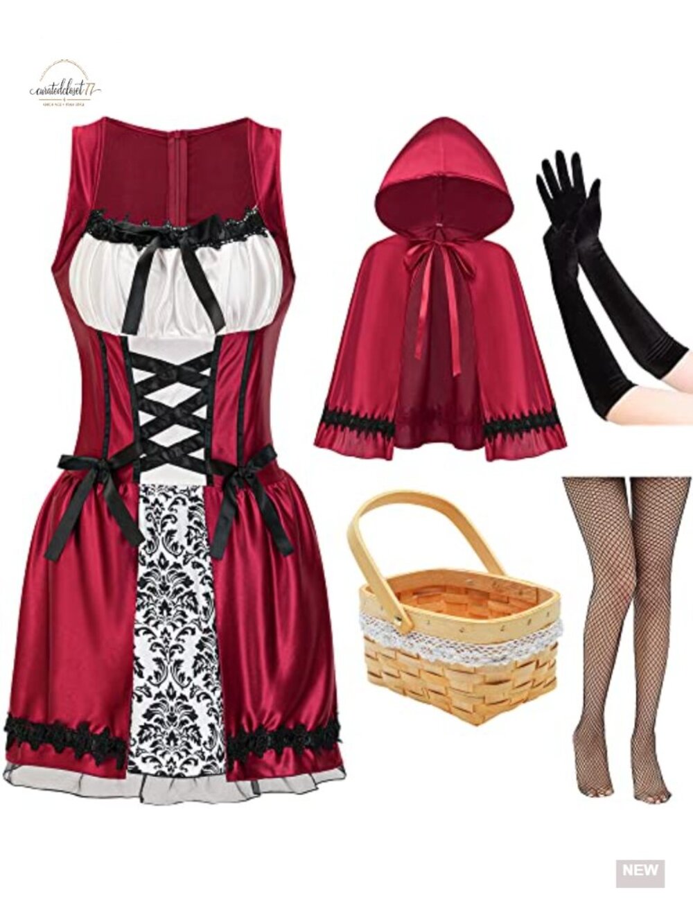 Women's Halloween Costume Set Red Dress Cape Basket Gloves Net Tights